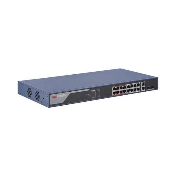 Switch Monitoreable de 16 puertos PoE+ (hasta 250 m), 10/100 Mbps, 2 puertos RJ45 Uplink, 230 Watts, conexión remota desde Hik-ProConnect