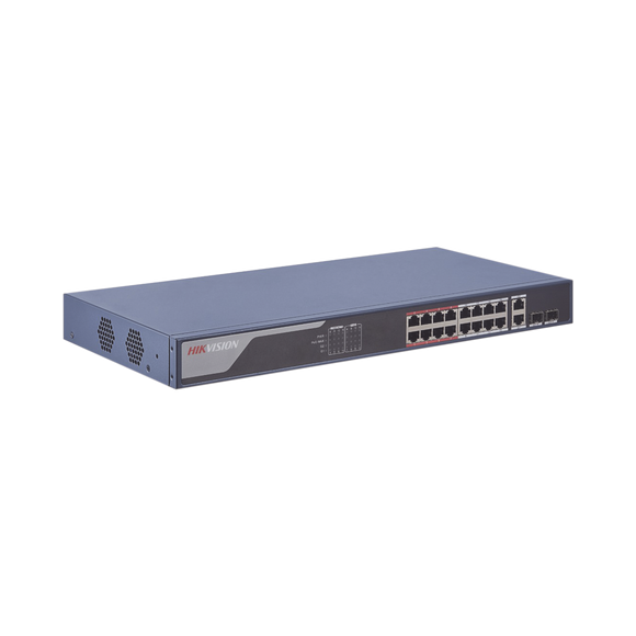 Switch Administrable de 16 puertos PoE+ (hasta 250 m), 10/100 Mbps, 2 puertos SFP, 230 Watts, configuración remota desde Hik-ProConnect