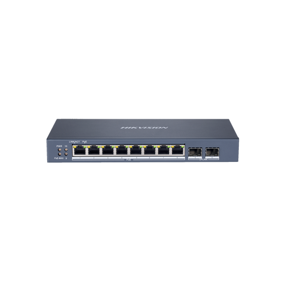 Switch Administrable de 8 puertos PoE+ (hasta 250 m), 10/100/1000 Mbps, 2 puertos SFP, 110 Watts, configuración remota desde Hik-ProConnect