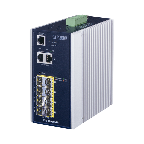 Switch Industrial Administrable L2+, 8 Puertos 1G SFP, 2 Puertos TP Gigabit, (-40 ~75 grados C)