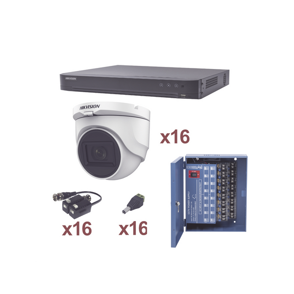 KIT TurboHD 1080p / DVR 16 Canales / 16 Cámaras Turret con Audio (Exterior 2.8 mm) / Transceptores / Conectores / Fuente de Poder Profesional