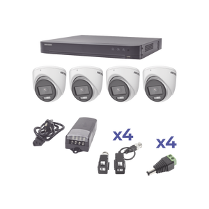 KIT COLORVU TURBOHD 1080p / DVR 4 Canales / 4 Cámaras eyeball (exterior) lente 2.8mm / Fuente de poder profesional / Transceptores de video y Accesorios de corriente