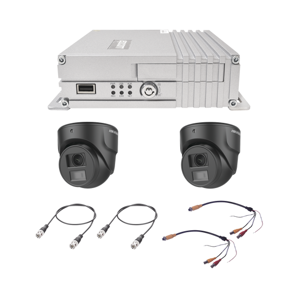 Sistema de videovigilancia móvil AHD todo en uno, incluye MDVR de 4 canales análogos AHD que soporta almacenamiento en memoria SD,  2 cámara domo para interior/ 2 transfercable/ 2 cables coaxial de 1.5m