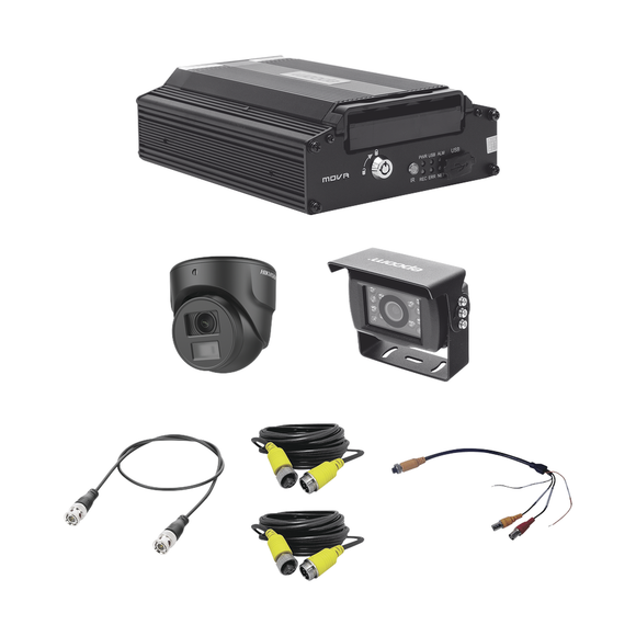 kit sitema de videovigilancia móvil AHD / incluye MDVR de 4 canales análogos AHD / 1 cámara domo para interior/ incluye 2 cámaras para exterior